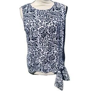 Talbots Women's Floral Black White Sleeveless Top Size Small Side Tie Knot @ Hem